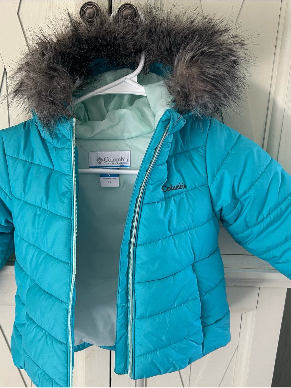 Columbia Teal Girls' Puffer Jacket with Faux Fur Hood Trim